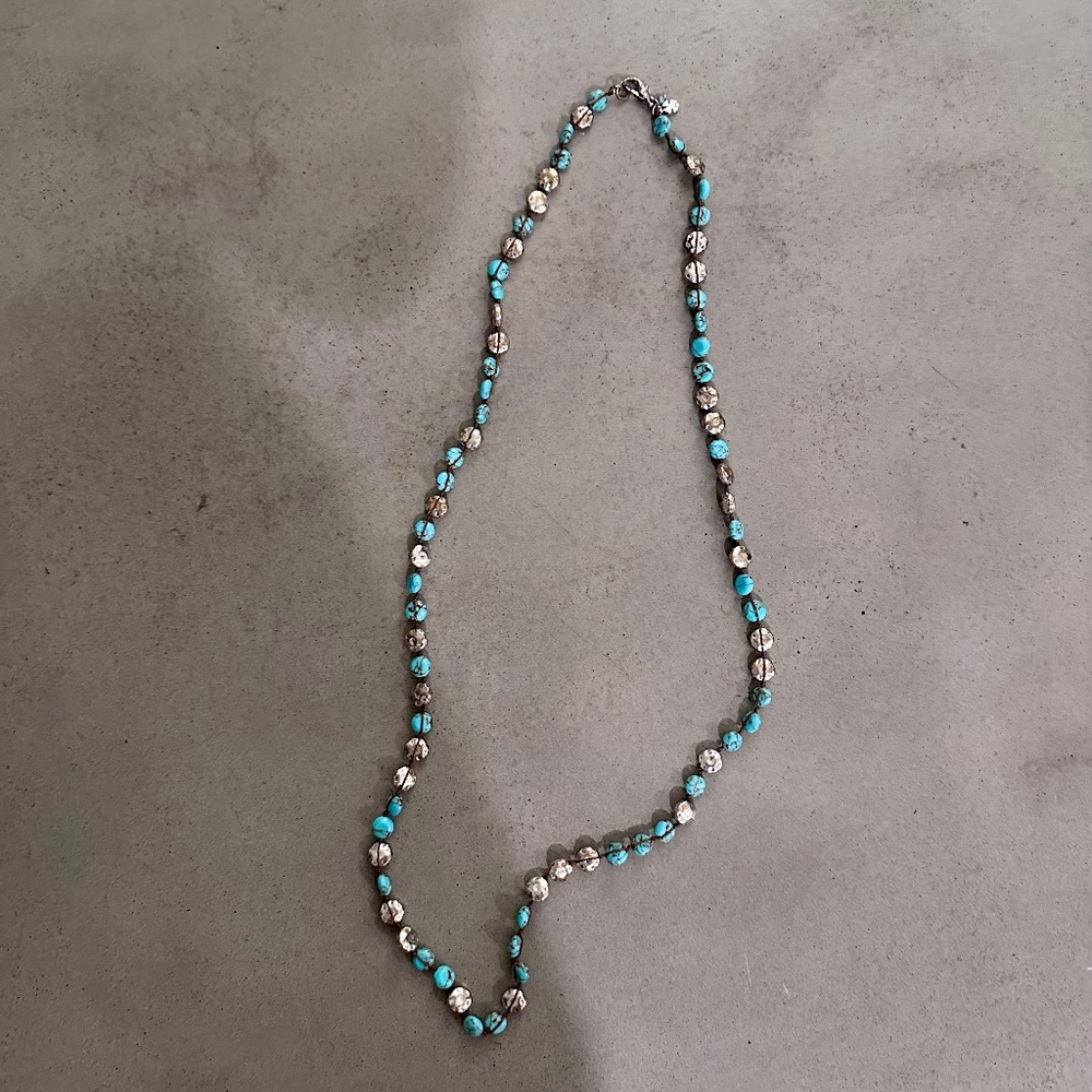 Long Turquoise/Silver toned Beaded Necklace